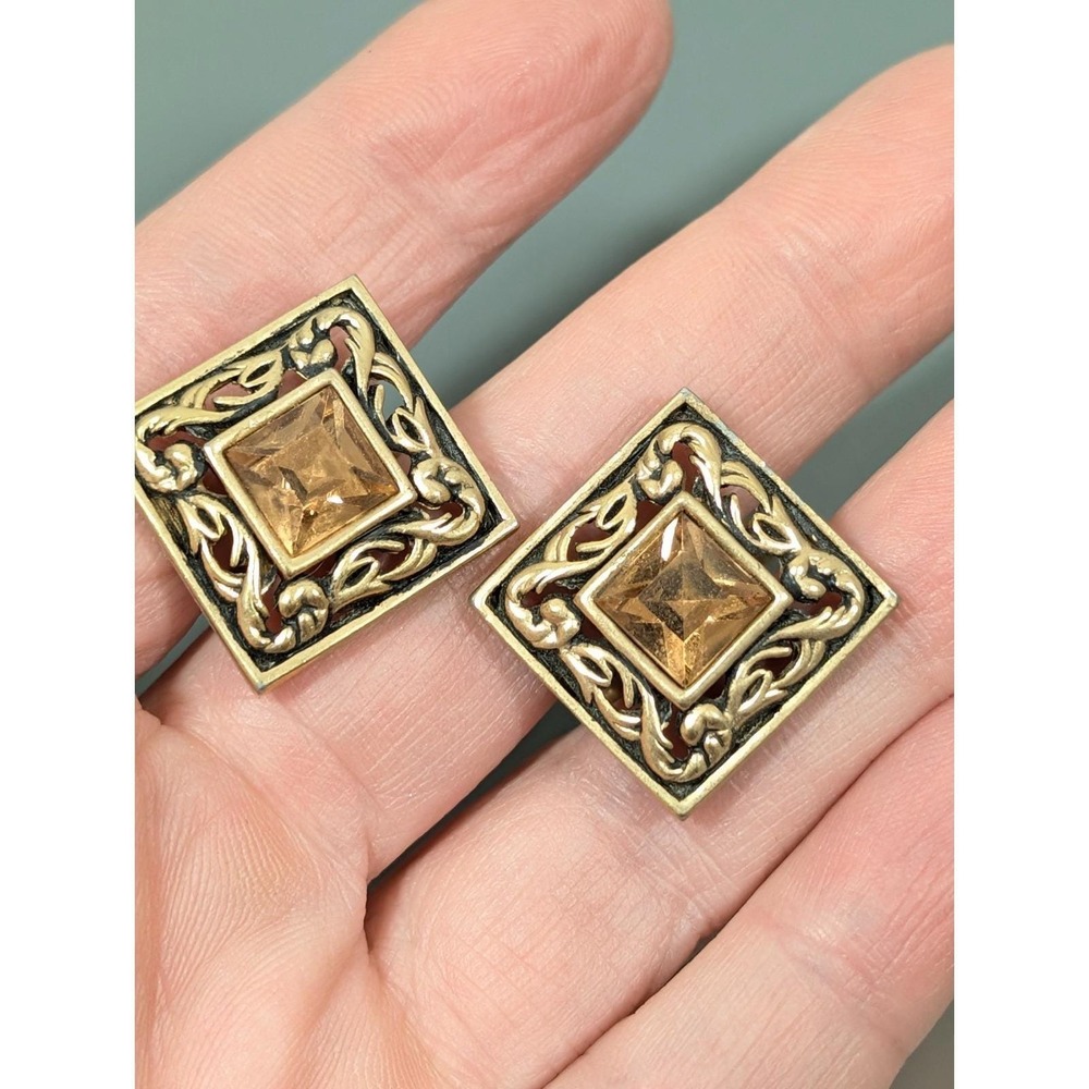 Vintage Swank Faux Topaz Stone Square Vine‎ Scroll Gold Tone Cufflinks - Picture 7 of 9